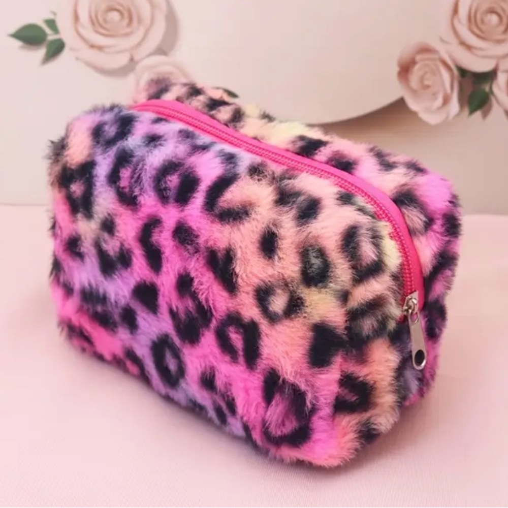 NEW Colorful Furry Leopard Print Cosmetic Bag